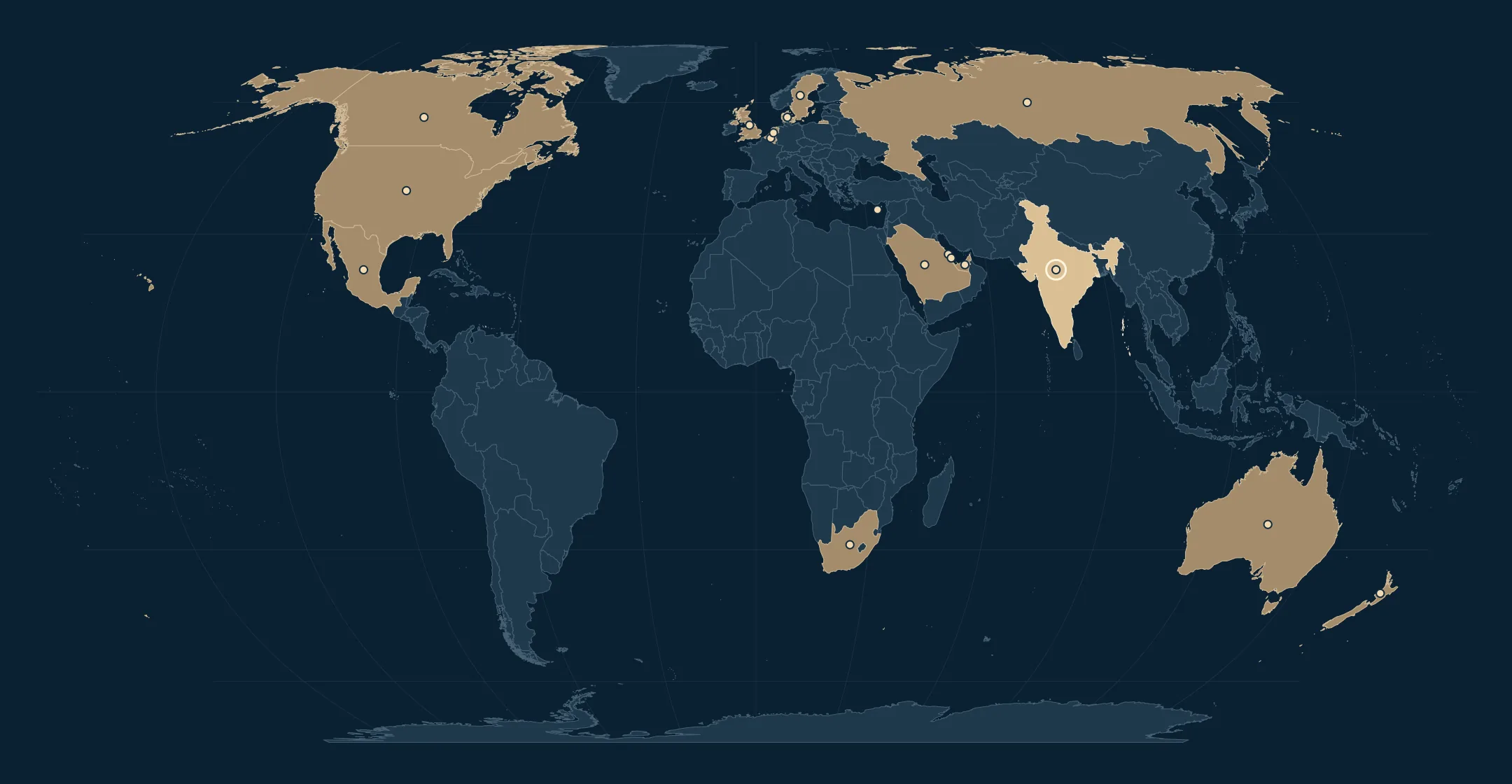 World map highlighting United States, Canada, Mexico, United Kingdom, Belgium, Netherlands, Denmark, Sweden, Cyprus, Russia, United Arab Emirates, Saudi Arabia, Bahrain, Qatar, India, Australia, New Zealand, South Africa. India is also C&A’s home base.